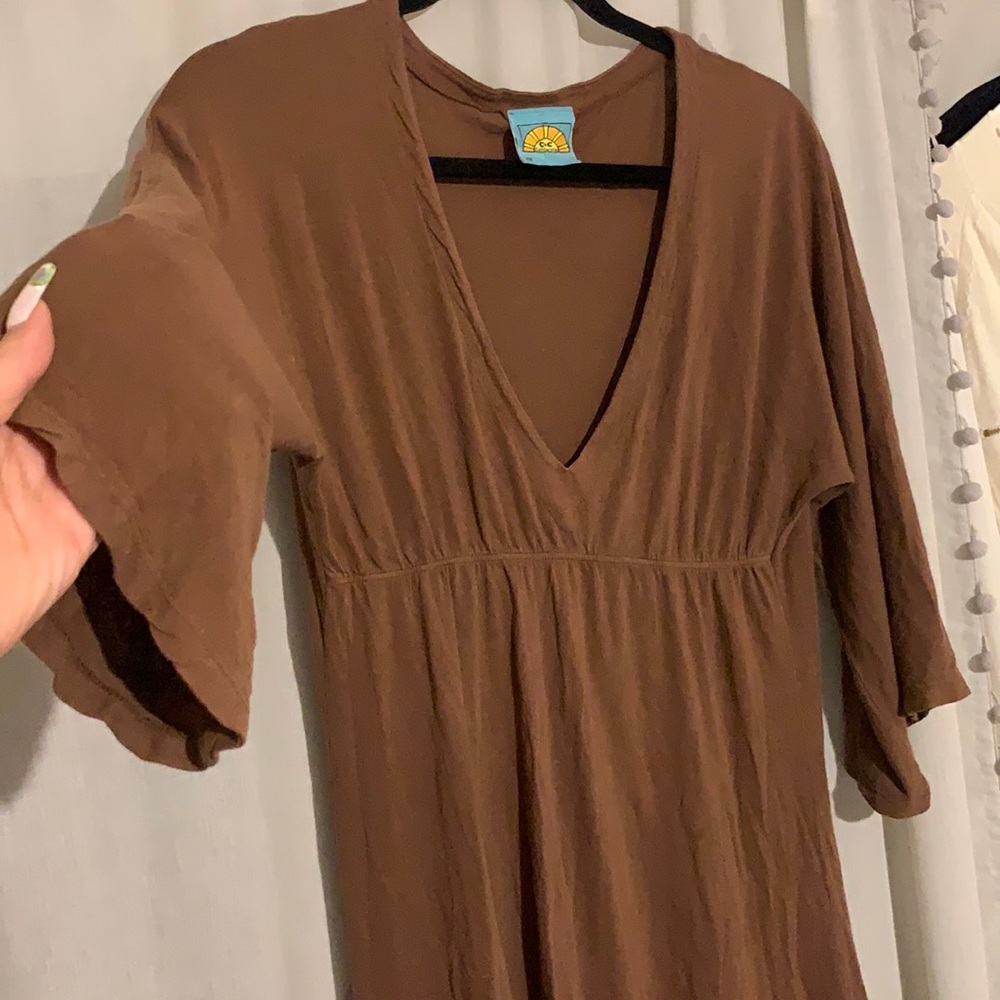 C&C CALIFORNIA MIDI MID SLEEVE DRESS SIZE XS BROWN COTTON
